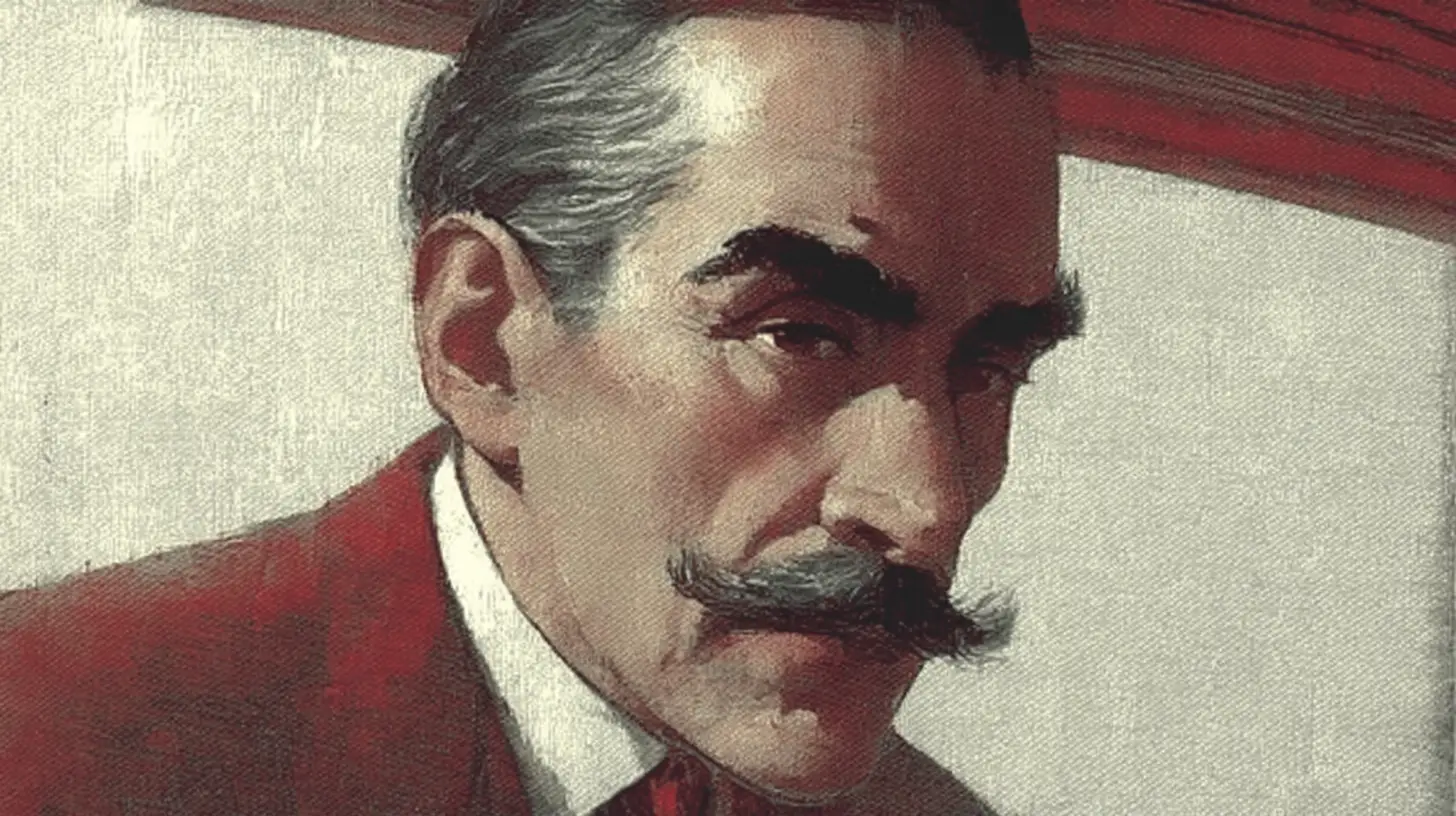 Louis Renault portrait © History Oasis Louis Renault painted portrait with handlebar mustache in red suit