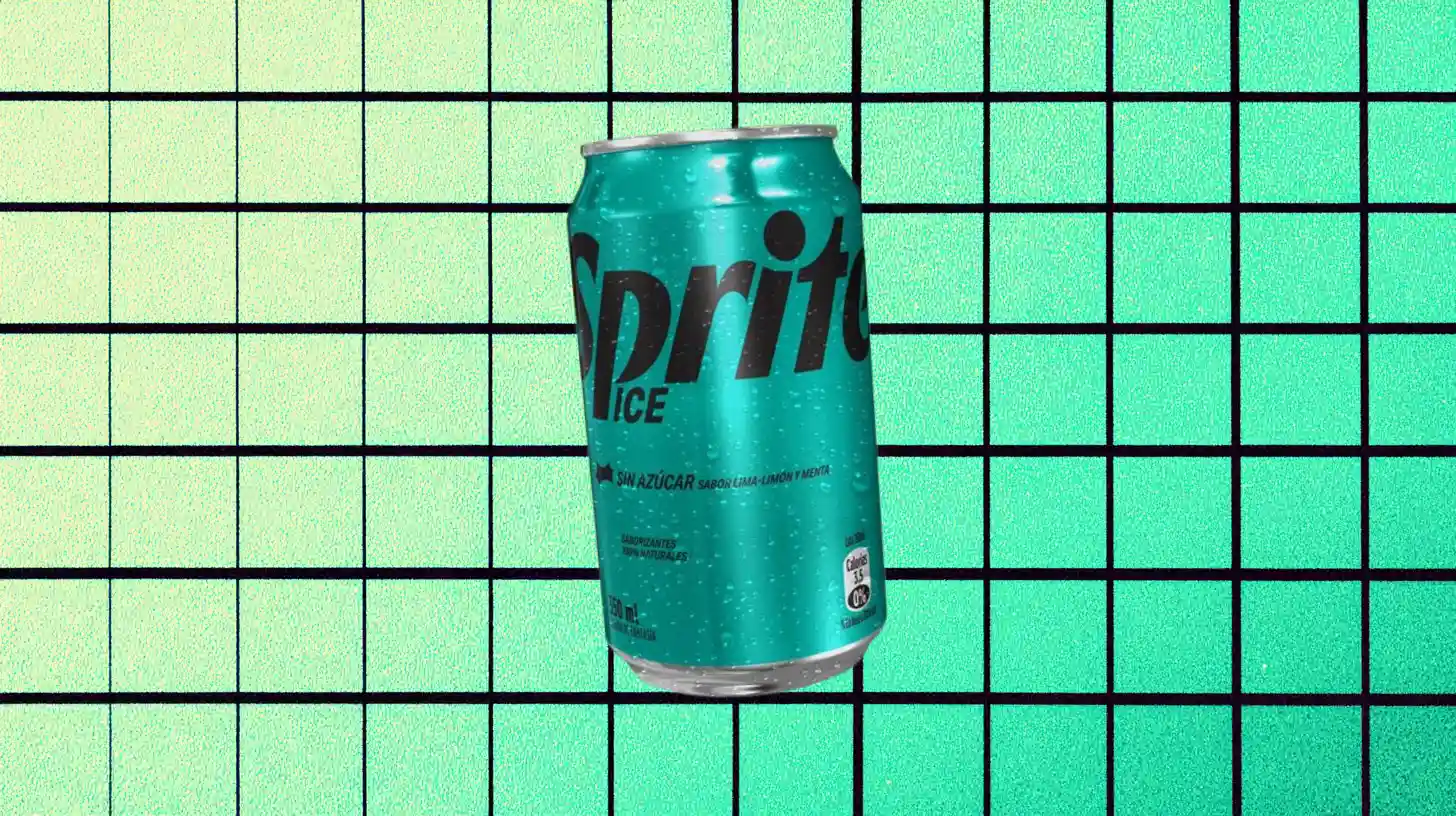 Sprite Ice teal can labeled sin azucar lima-limon y menta
