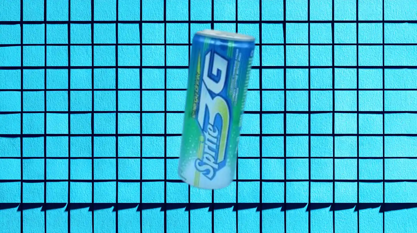 Sprite 3G slim blue and green can on blue tile background