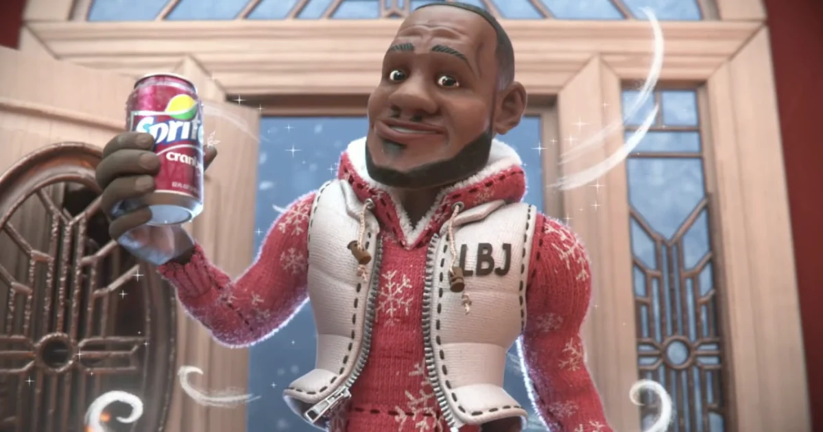 Animated LeBron James holding a Sprite Cranberry can in snowflake sweater