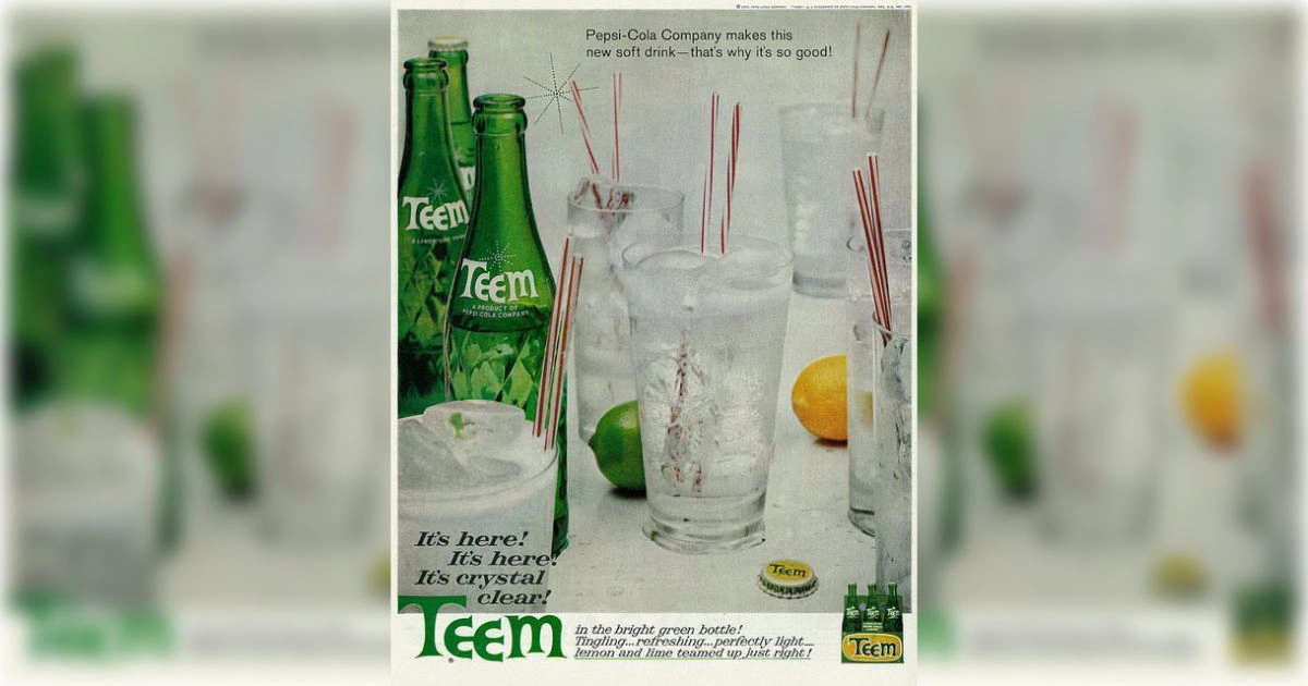 Vintage Teem lemon-lime soda print ad with green bottles and glasses