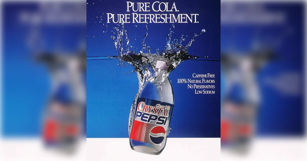 Crystal Pepsi print ad with clear bottle splashing into water