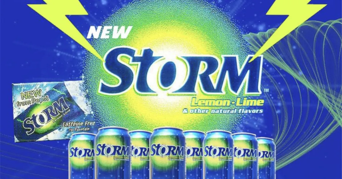 Storm lemon-lime soda ad with row of cans and lightning bolts