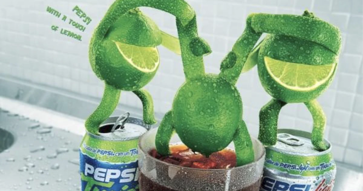 Pepsi Twist ad with lime characters standing on cans and glass