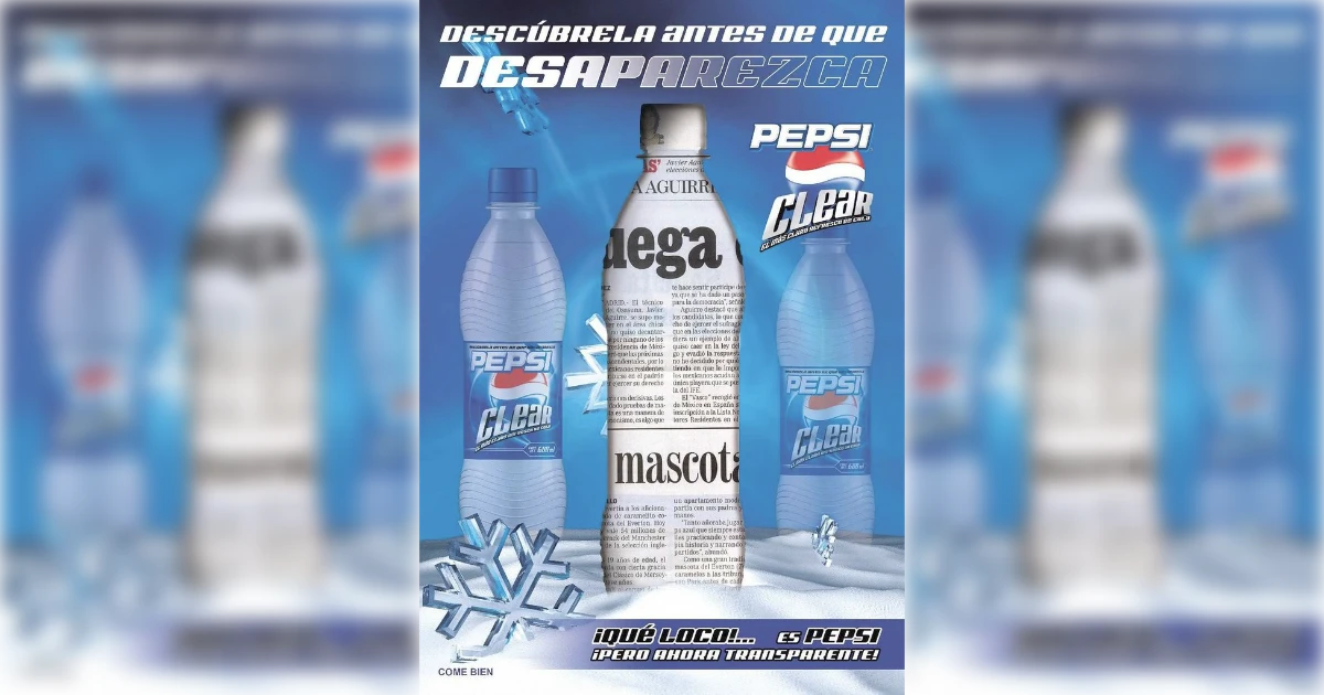 Spanish-language Pepsi Clear ad with clear bottles and ice snowflakes