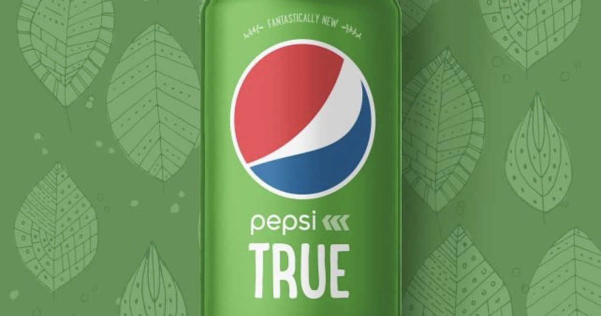Green Pepsi True can against illustrated leaf-patterned background