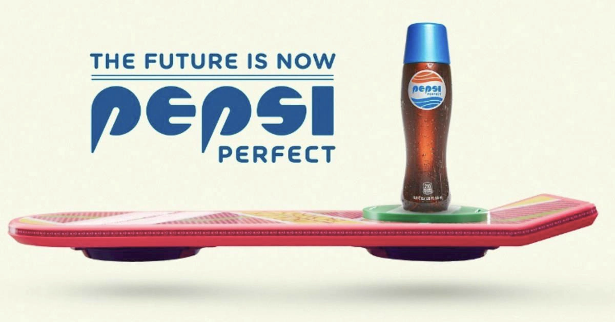 Pepsi Perfect bottle resting on pink hoverboard in promotional ad