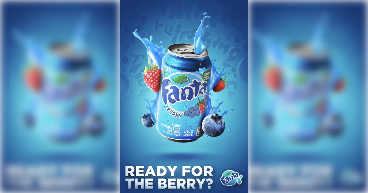 The Coca-Cola Company Fanta Berry blue soda can with strawberries and blueberries splashing