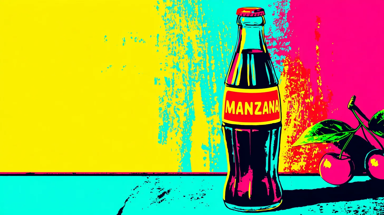 Pop art Manzana soda bottle © History Oasis Pop art soda bottle with a red Manzana label beside cherries