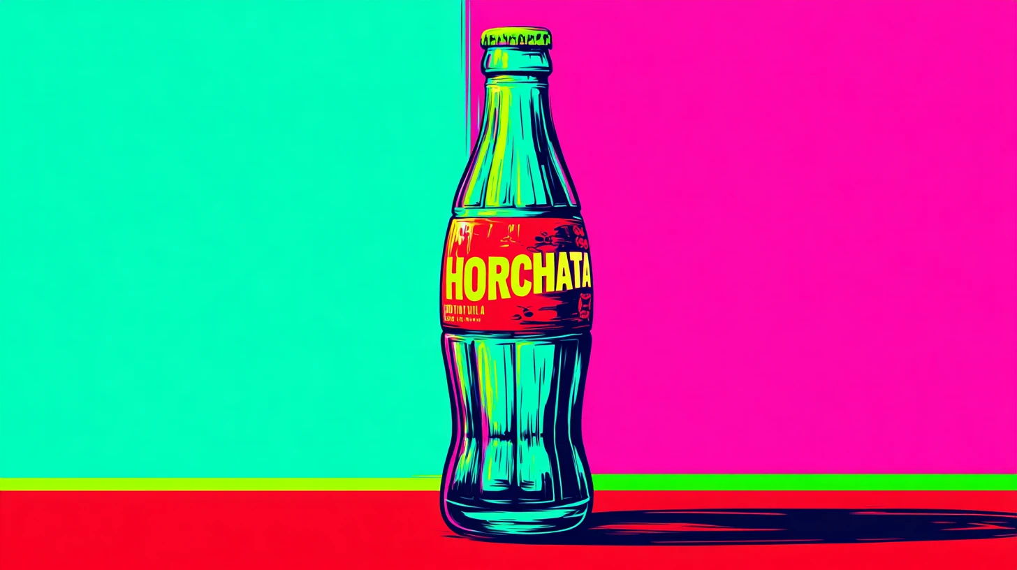 Pop art Horchata soda bottle © History Oasis Pop art glass soda bottle with a red Horchata label
