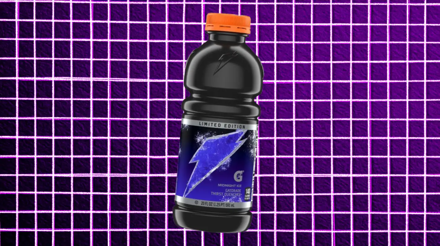 PepsiCo Gatorade Limited Edition Midnight Ice bottle with blue lightning bolt label