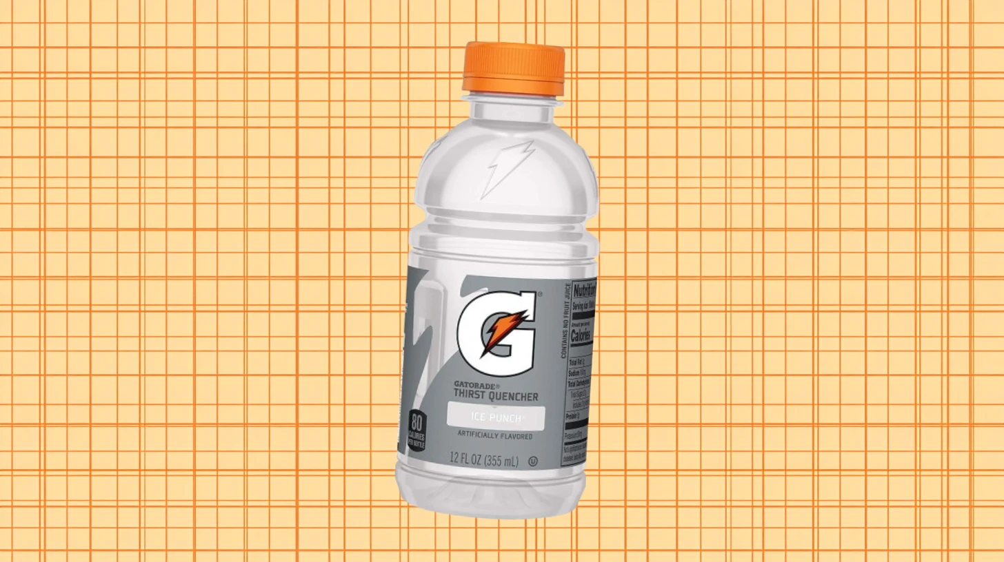 Gatorade Ice Punch 12 oz bottle, grey G label and orange cap