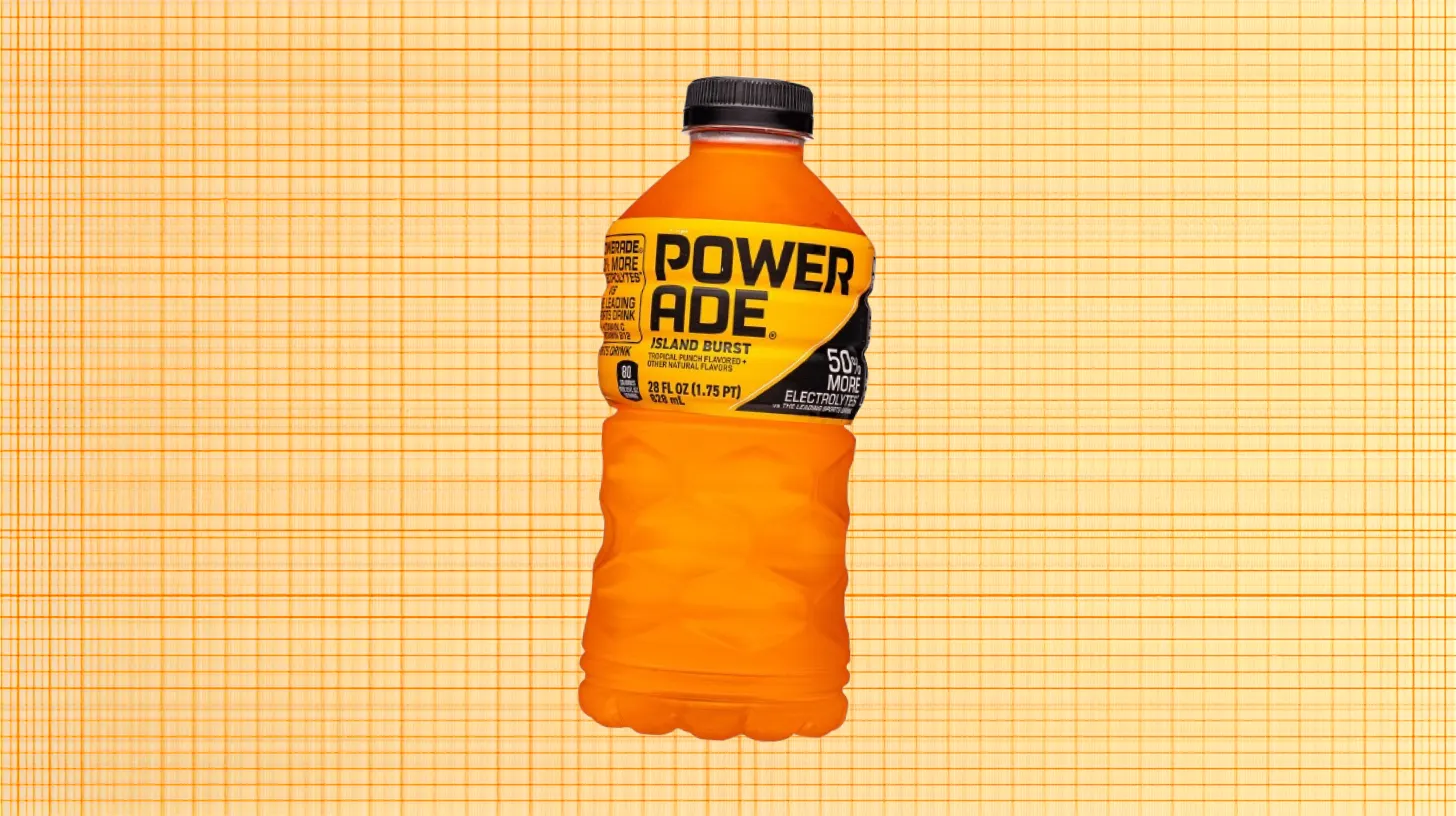 The Coca-Cola Company Orange Powerade Island Burst sports drink bottle with yellow label