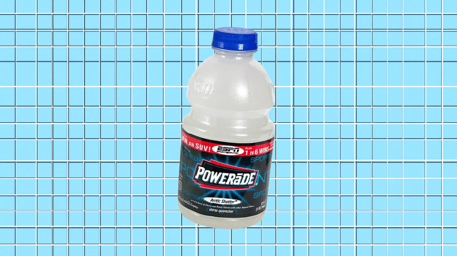 The Coca-Cola Company Clear Powerade Arctic Shatter bottle with black ESPN SportsCenter label