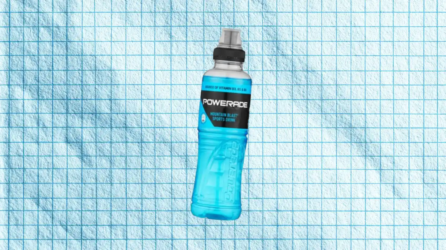 The Coca-Cola Company Blue Powerade Mountain Blast sports drink bottle with black label