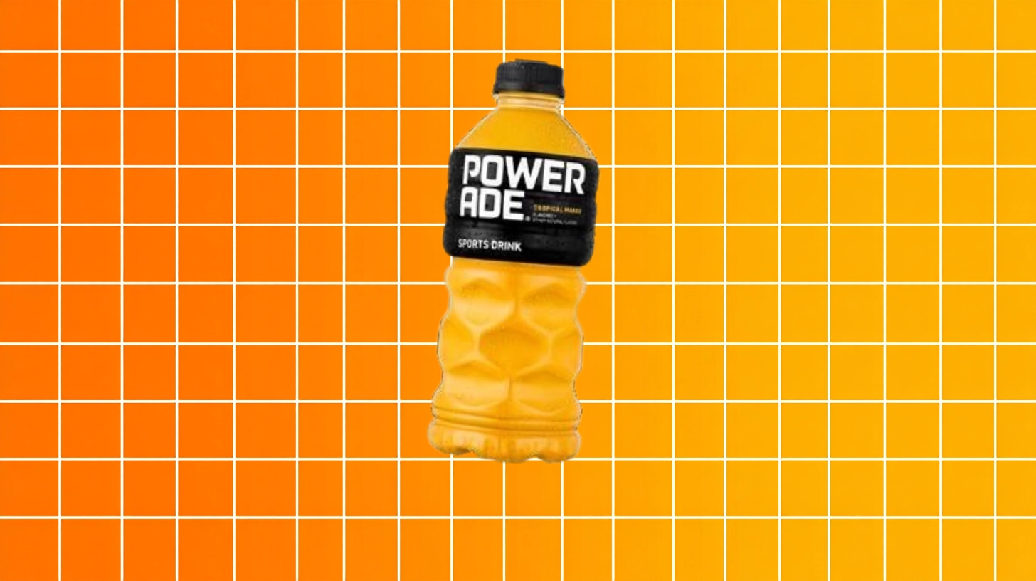 The Coca-Cola Company Powerade Tropical Mango sports drink bottle with black label