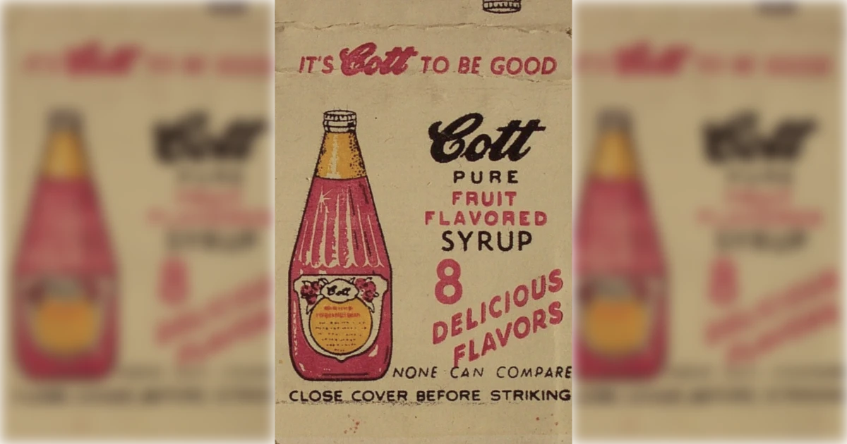 Cott Vintage Cott fruit syrup matchbook advertisement with bottle