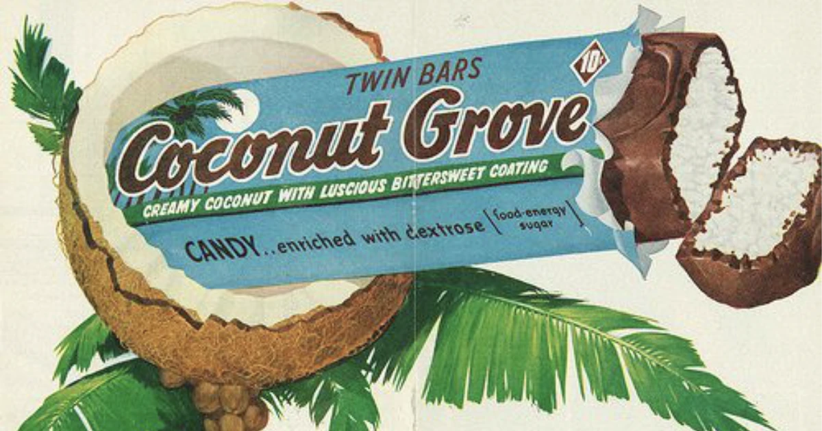 Curtiss Vintage Coconut Grove Twin Bars candy wrapper ad with coconut and palms