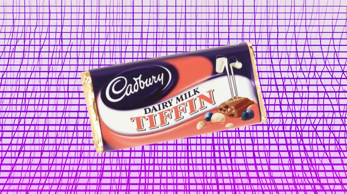Cadbury Cadbury Dairy Milk Tiffin bar wrapper on purple grid background