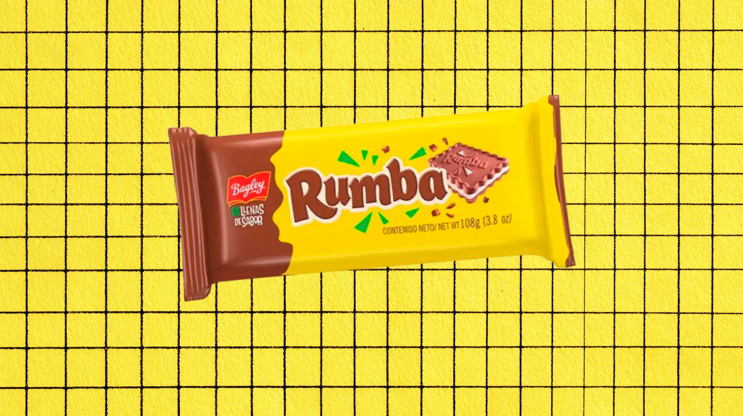 Bagley Bagley Rumba chocolate wafer bar wrapper on yellow grid background