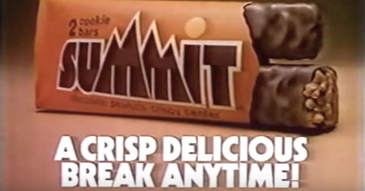 Summit Summit cookie bars wrapper and two bars in vintage TV commercial still
