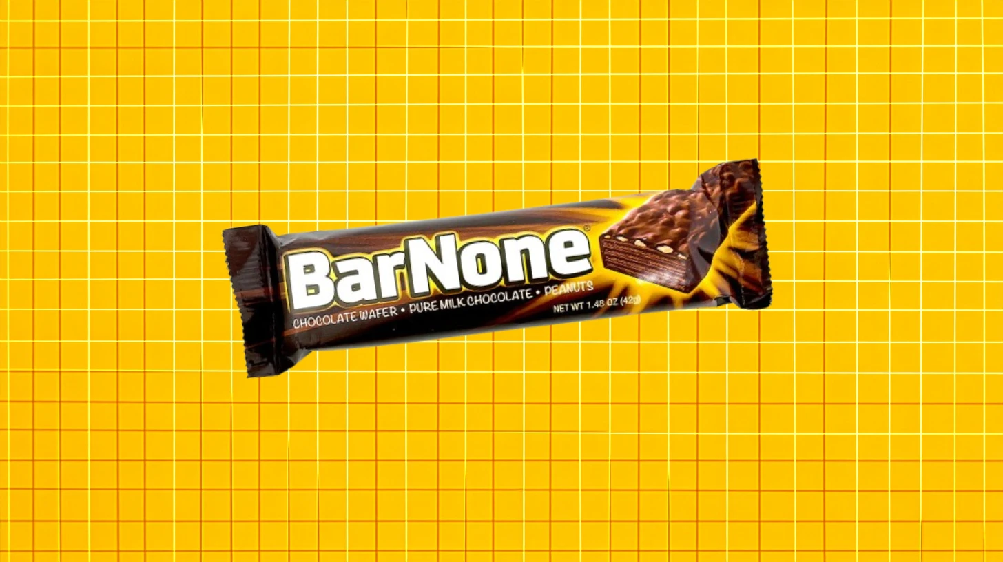 Hershey's BarNone chocolate wafer bar wrapper on yellow grid background