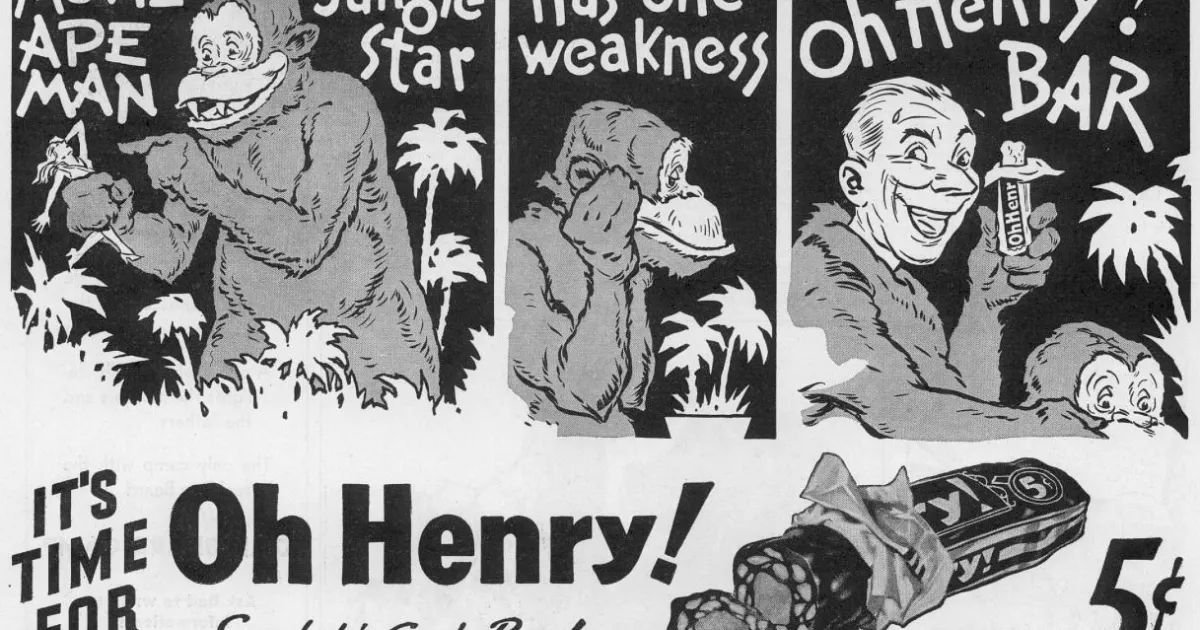 Curtiss Vintage Oh Henry! comic strip newspaper ad with ape man cartoon