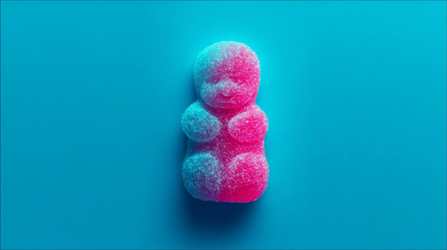 Sugar-coated pink jelly baby gummy © History Oasis Single pink sugar-coated jelly baby gummy on a blue background