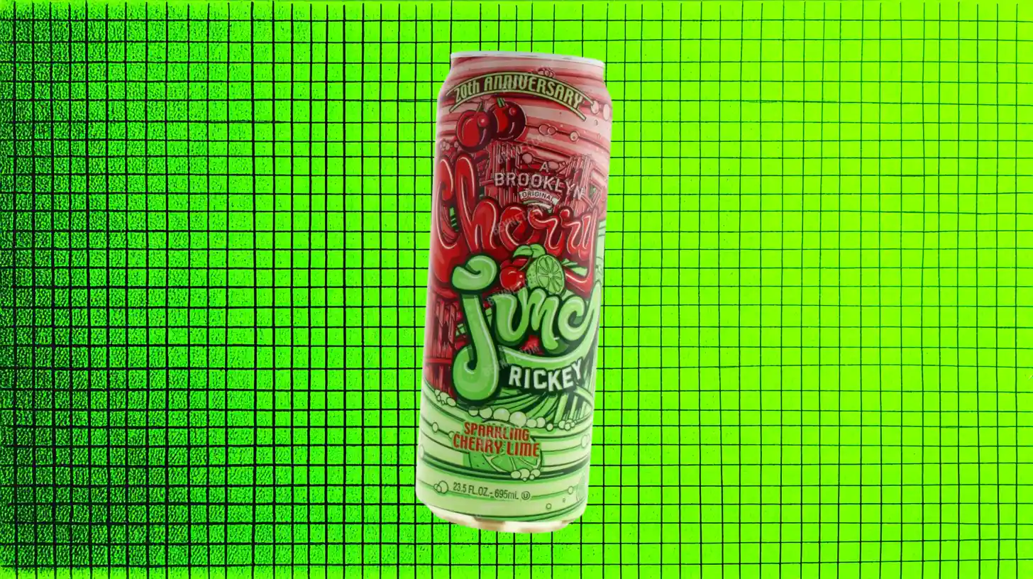 AriZona Cherry Lime Rickey tall can on green grid background