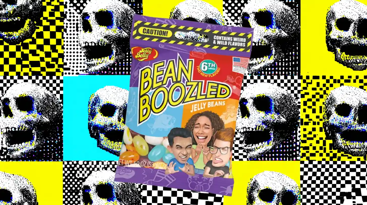 Jelly Belly BeanBoozled 6th edition jelly beans bag over skull pattern