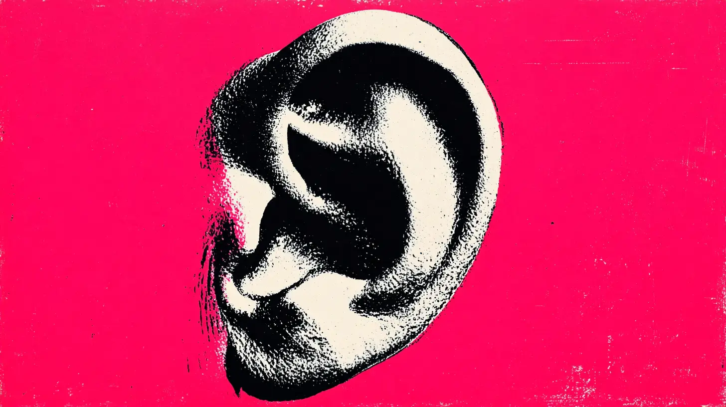 Earwax jelly bean illustration © History Oasis Halftone pop art human ear on hot pink background