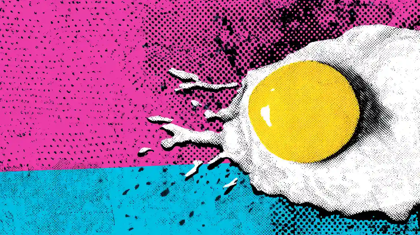 Rotten Egg jelly bean illustration © History Oasis Halftone pop art fried egg on pink and blue