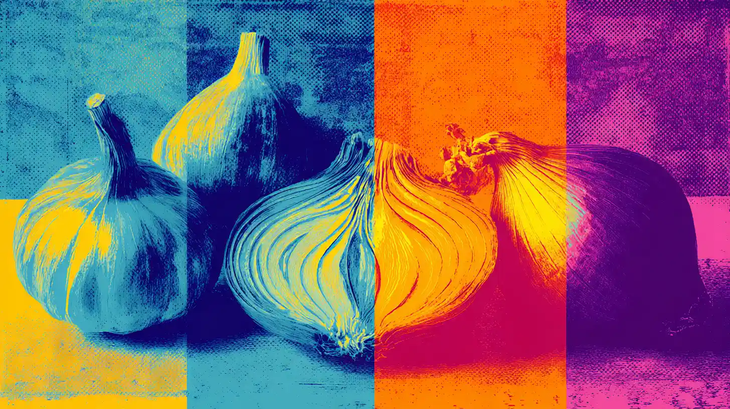 Liver and Onions jelly bean illustration © History Oasis Halftone pop art onions and garlic bulbs in color blocks