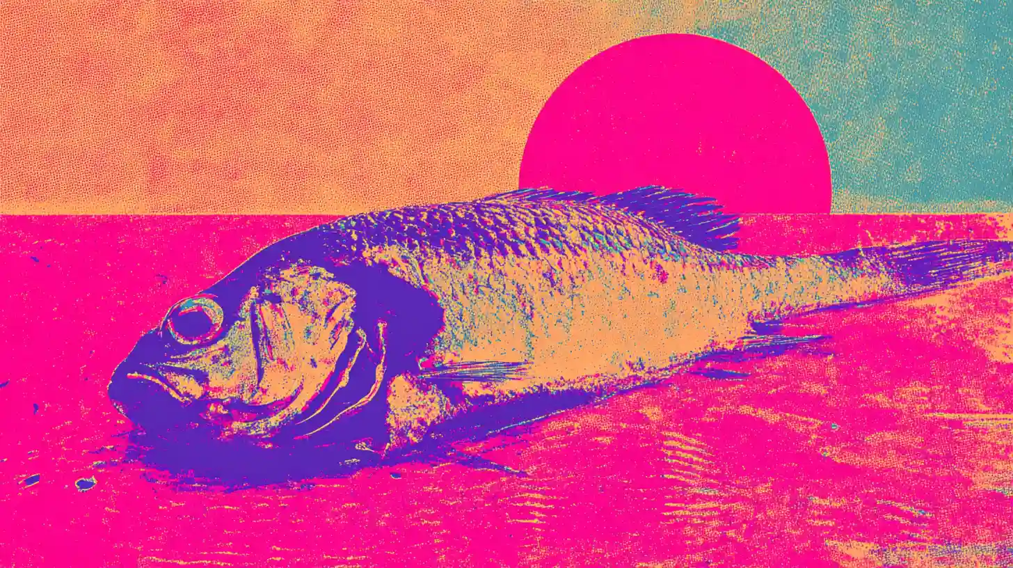 Dead Fish jelly bean illustration © History Oasis Dead fish lying on pink sand at sunset