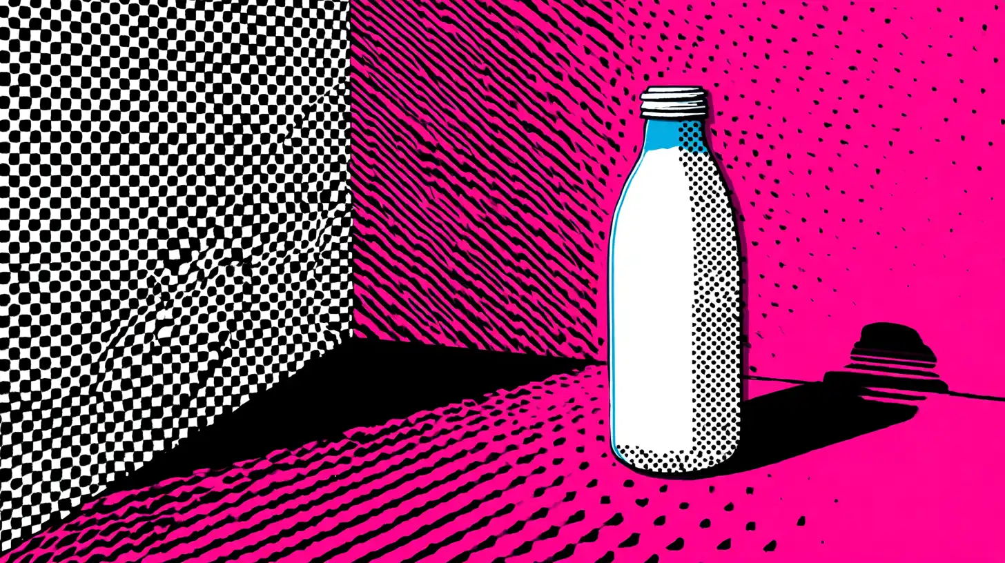 Spoiled Milk jelly bean illustration © History Oasis Pop art glass milk bottle against pink halftone background