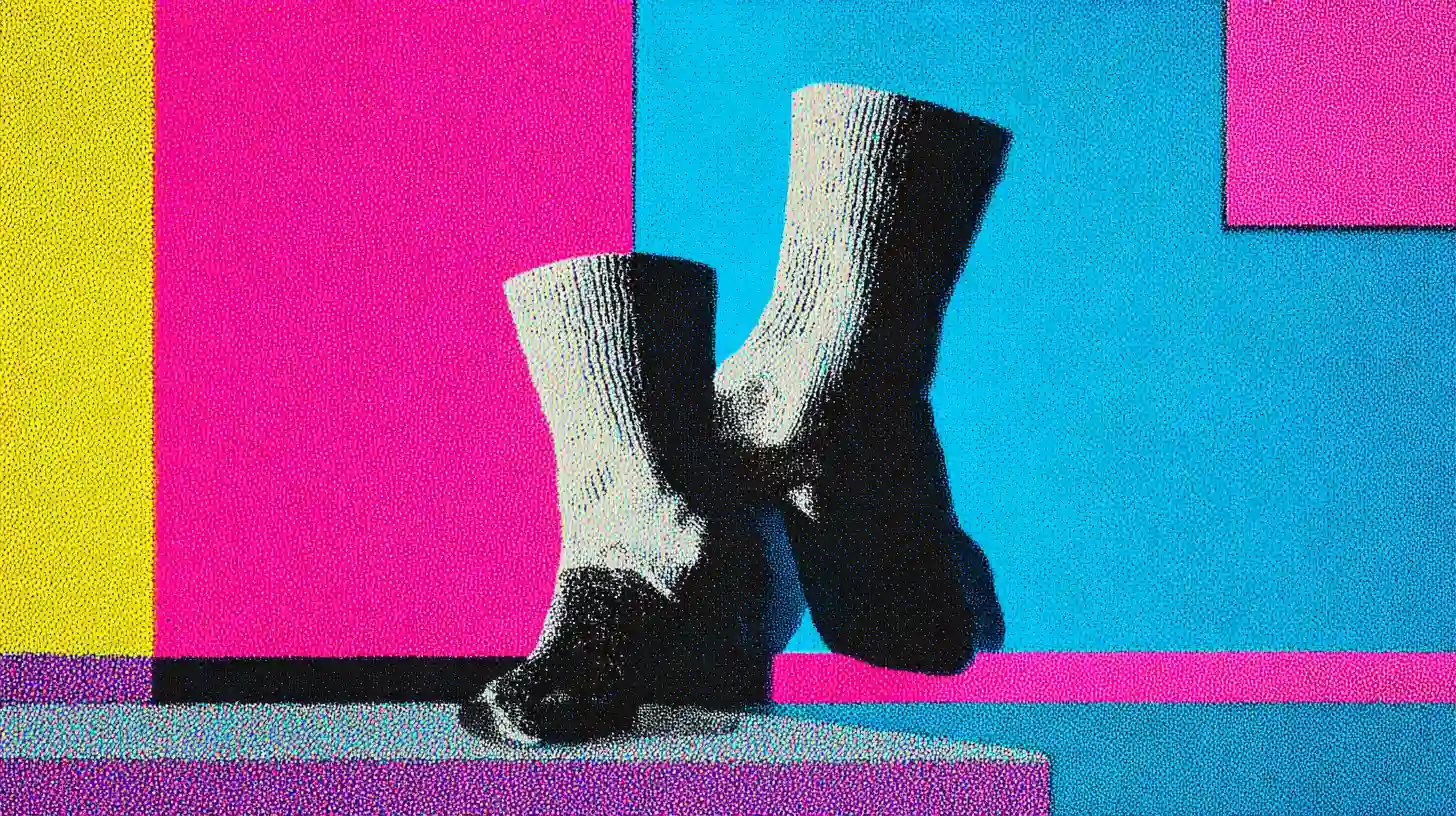 Stinky Socks jelly bean illustration © History Oasis Feet in worn white crew socks against pop art blocks