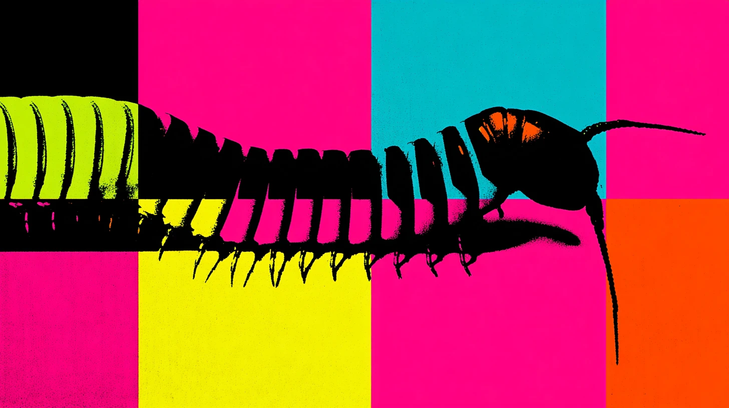 Centipede jelly bean illustration © History Oasis Black centipede silhouette across pink and yellow color blocks