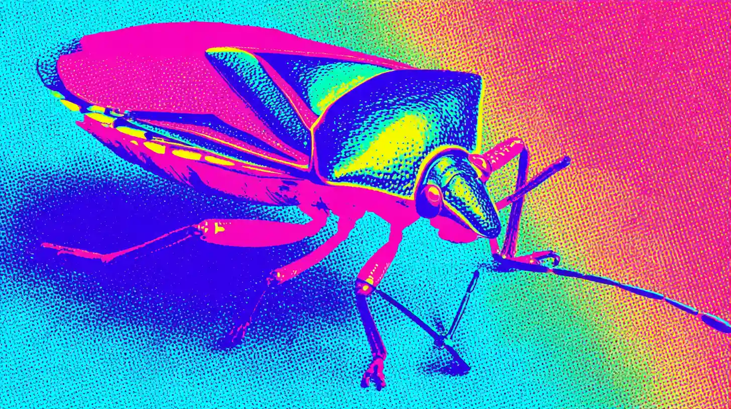 Stink Bug jelly bean illustration © History Oasis Neon pop art close-up of a shield-shaped stink bug