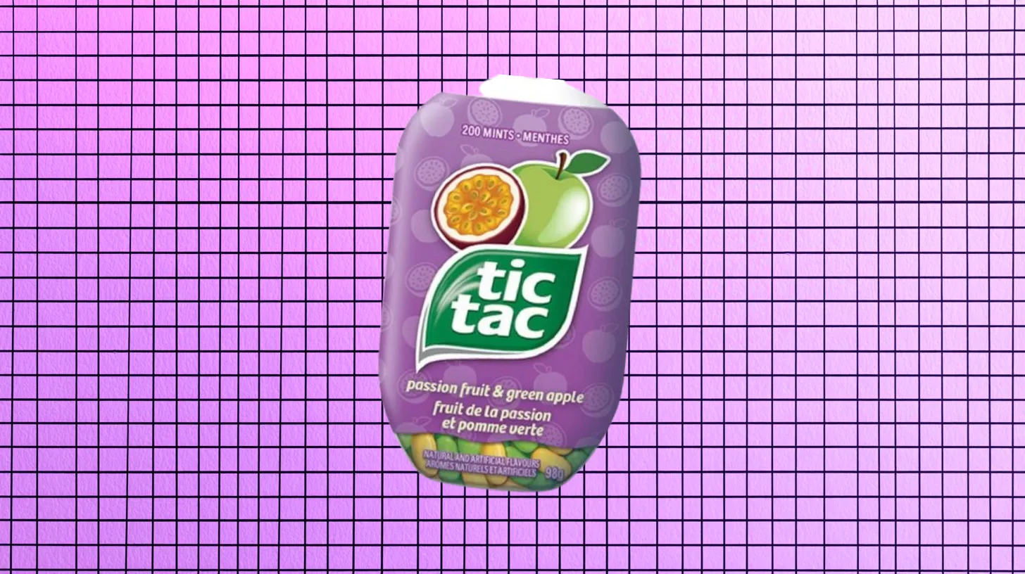 Ferrero Tic Tac Passion Fruit and Green Apple purple bottle