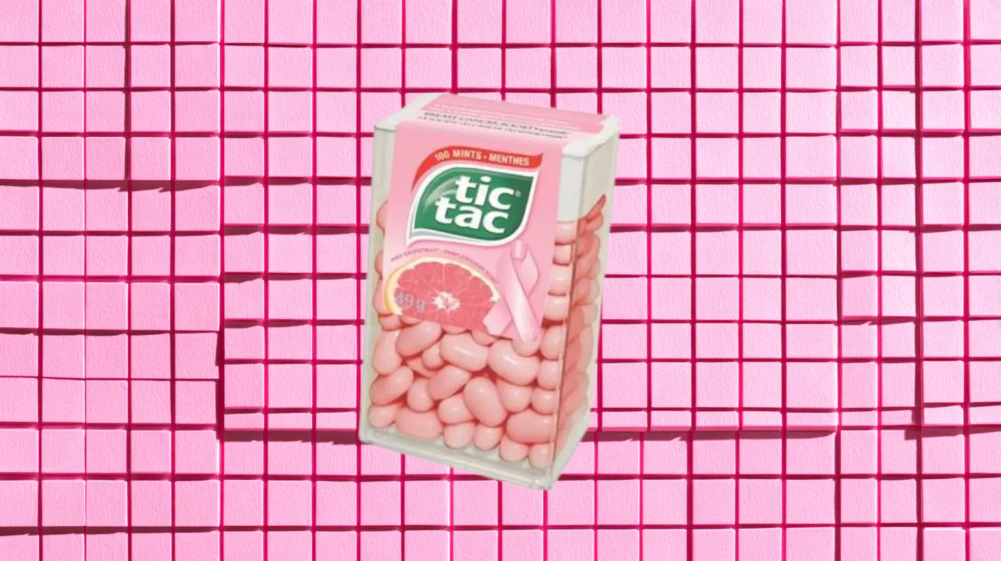 Ferrero Tic Tac Pink Grapefruit pack with breast cancer awareness ribbon