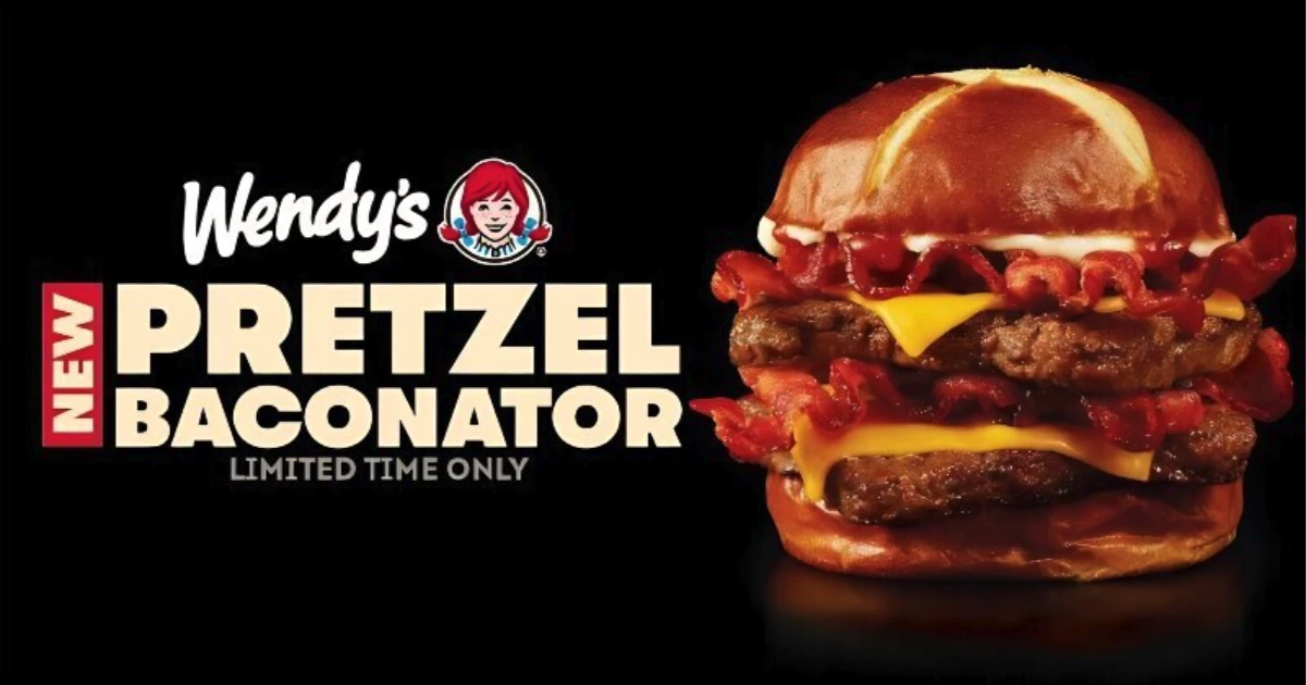 Wendy's Wendy's Pretzel Baconator ad, double bacon cheeseburger on pretzel bun