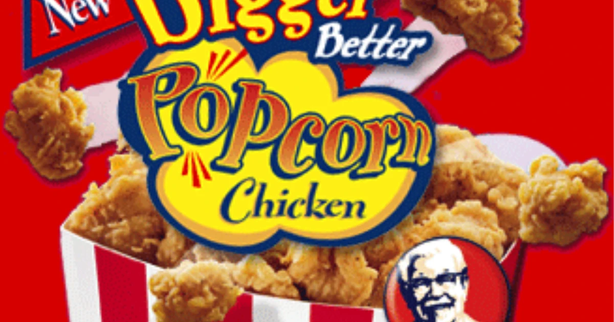 KFC Popcorn Chicken ad with striped bucket of fried chicken pieces