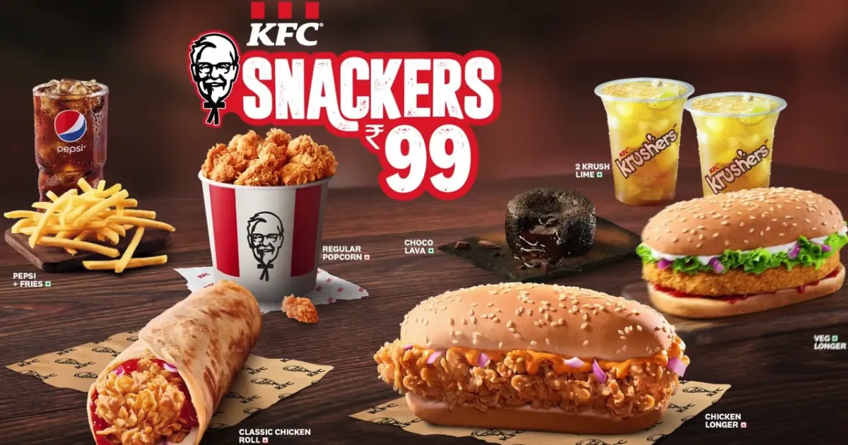 KFC India Snackers value menu poster with rolls, burgers and Krushers