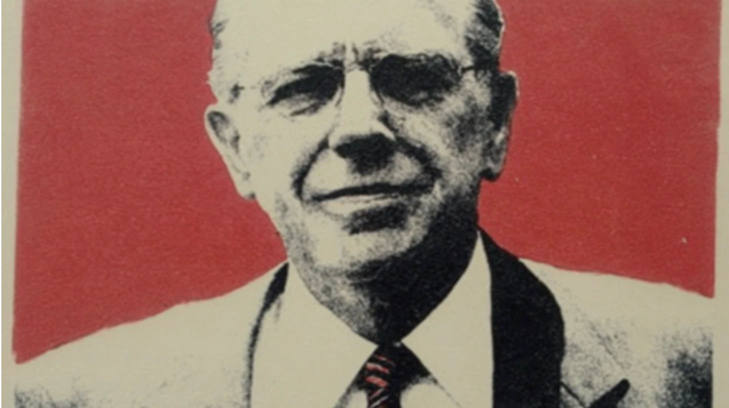 Eugene McManus © History Oasis Eugene McManus screenprint portrait, older executive in glasses and striped tie