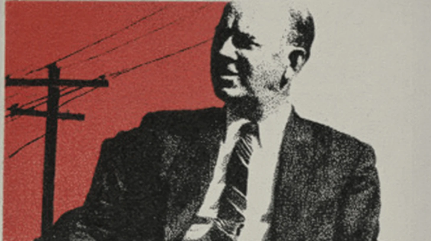 Harllee Branch © History Oasis Harllee Branch screenprint portrait, balding executive in suit beside power line