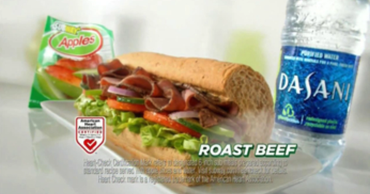 Subway Subway roast beef sub with apple slices and Dasani water