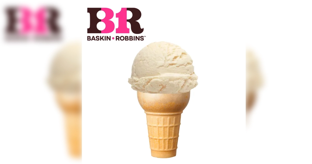 Baskin-Robbins Pale vanilla ice cream scoop on sugar cone, Baskin-Robbins logo