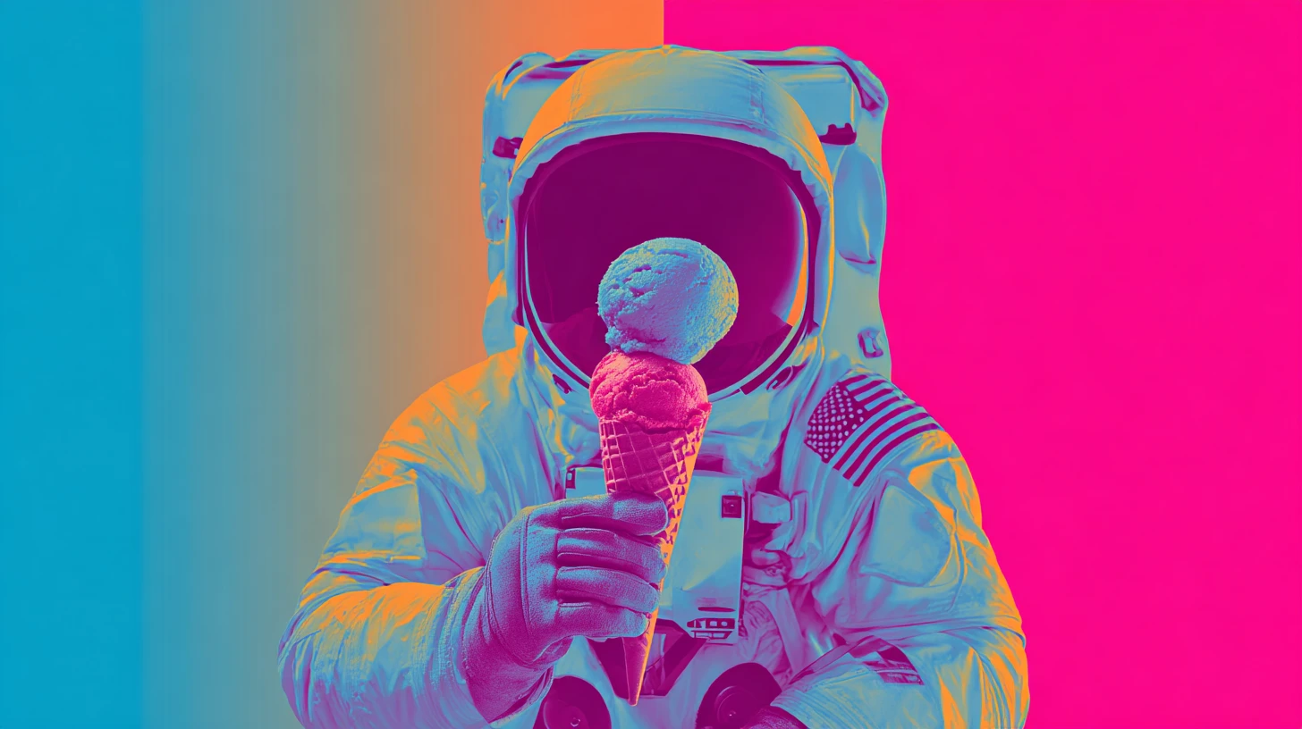 Neon pop-art astronaut holding an ice cream cone © History Oasis Neon pop-art astronaut holding a two-scoop ice cream cone