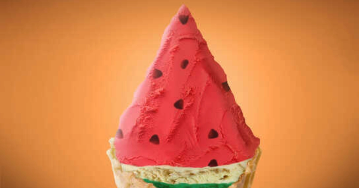 Baskin-Robbins Watermelon-shaped ice cream cone with dark seeds and green rind