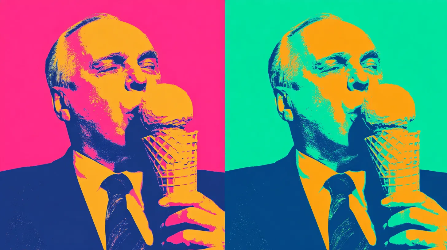 Pop-art diptych of a statesman eating an ice cream cone © History Oasis Pop-art diptych of a suited older man eating an ice cream cone